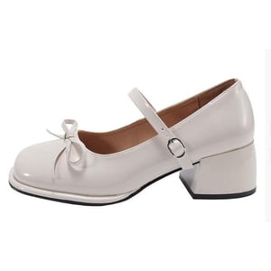 Square toe bow leather shoes shallow mouth thick high heels